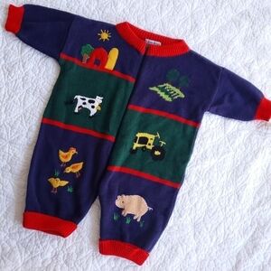 Vintage 90s Knit Farm Animals Oversized Jumper 100% Cotton 1990s Kitsch
